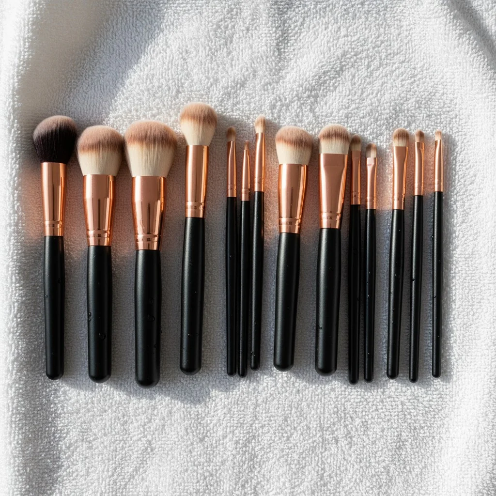 A collection of clean makeup brushes neatly arranged on a white towel