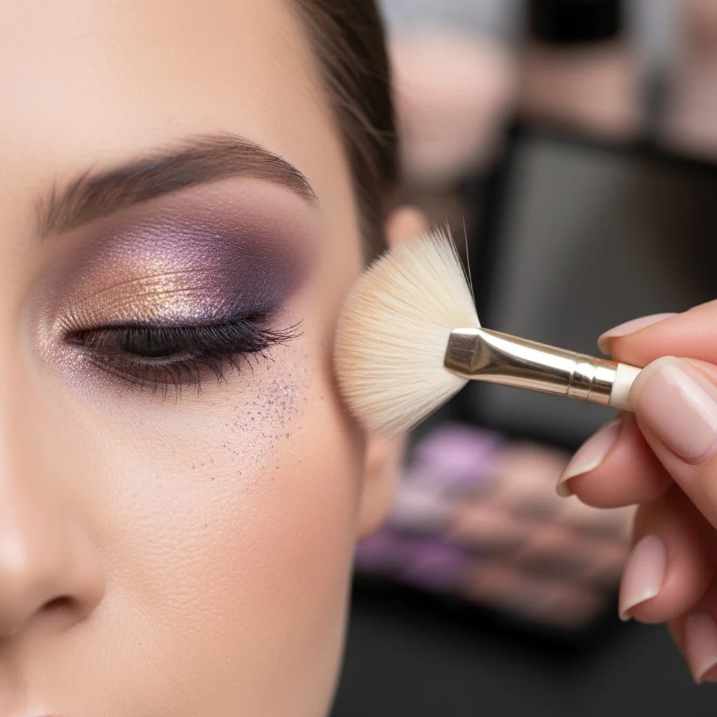 A small fan brush gently sweeping away eyeshadow fallout from under an eye.
