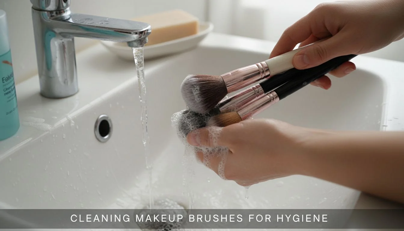 Makeup brushes being washed with soap and water in a sink