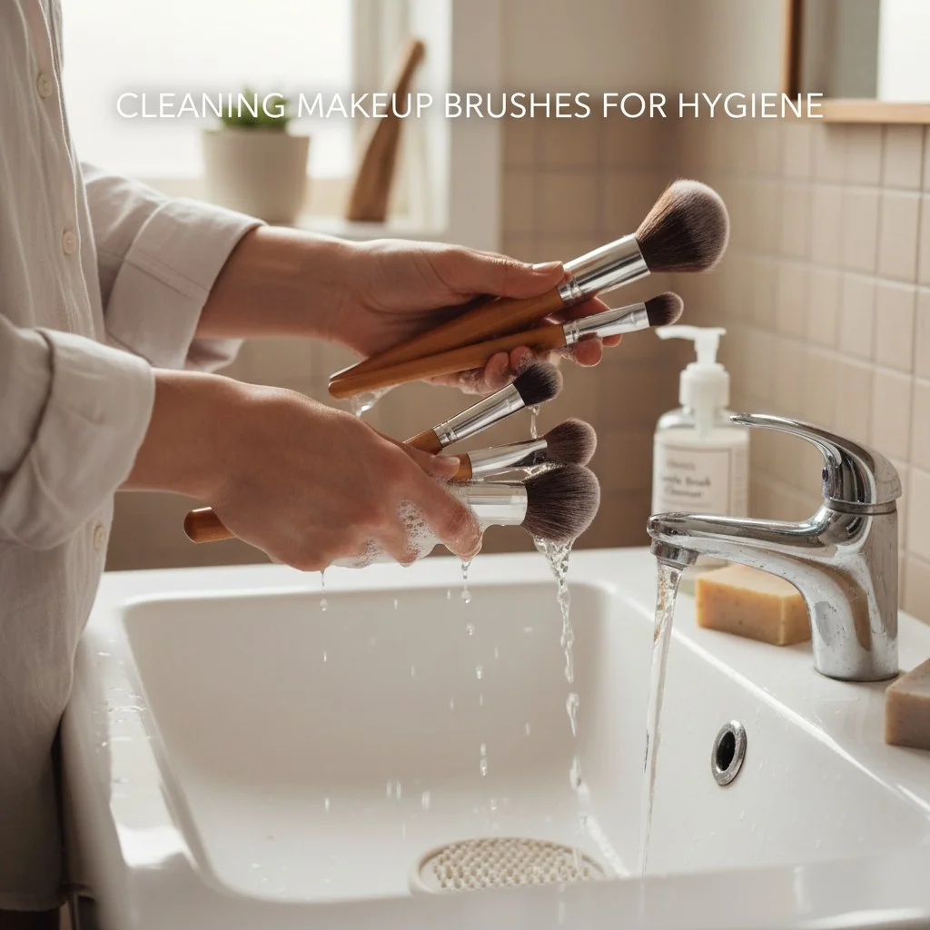 A person washing makeup brushes in a sink with gentle soap and water.