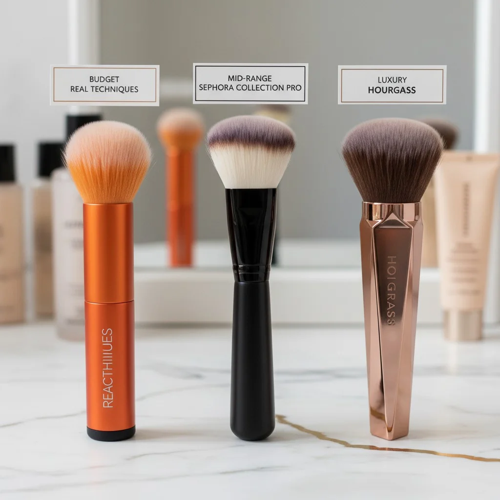 A Sephora brush placed between a budget Real Techniques brush and a luxury Hourglass brush