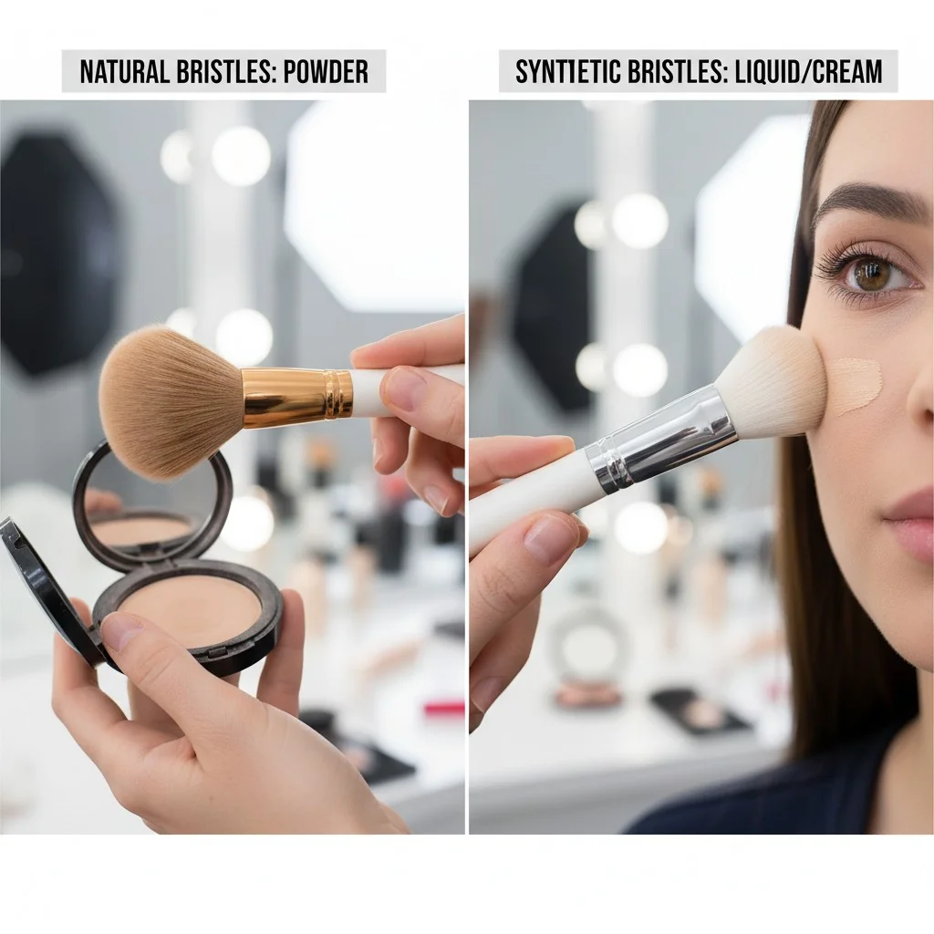 A makeup artist using a powder brush with natural bristles and a foundation brush with synthetic bristles.