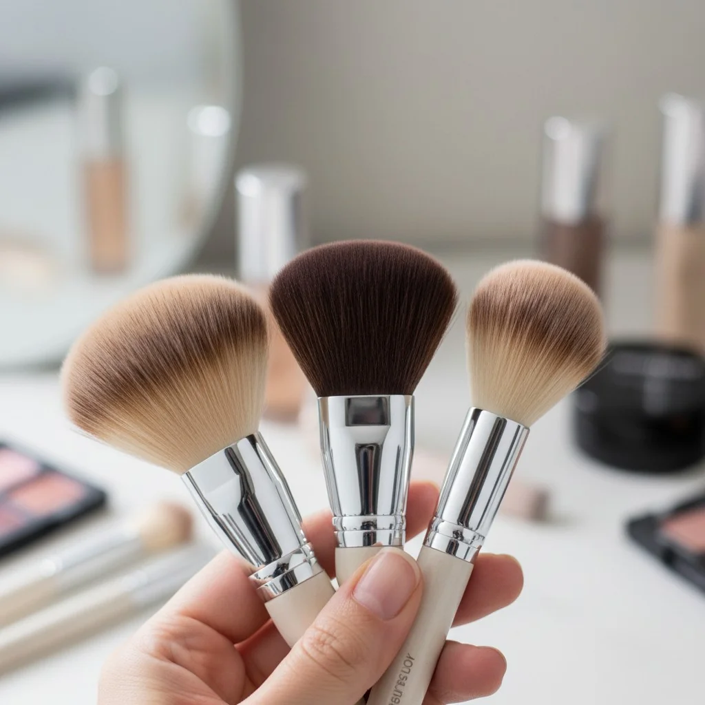 Close-up shot of a hand holding three different brush heads, showing the contrast between a dense flat-top, a fluffy powder brush, and a soft tapered brush.