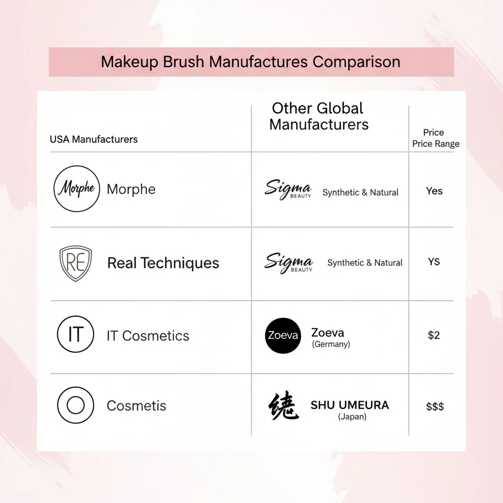A comparison table infographic showing logos of different makeup brush manufacturers.