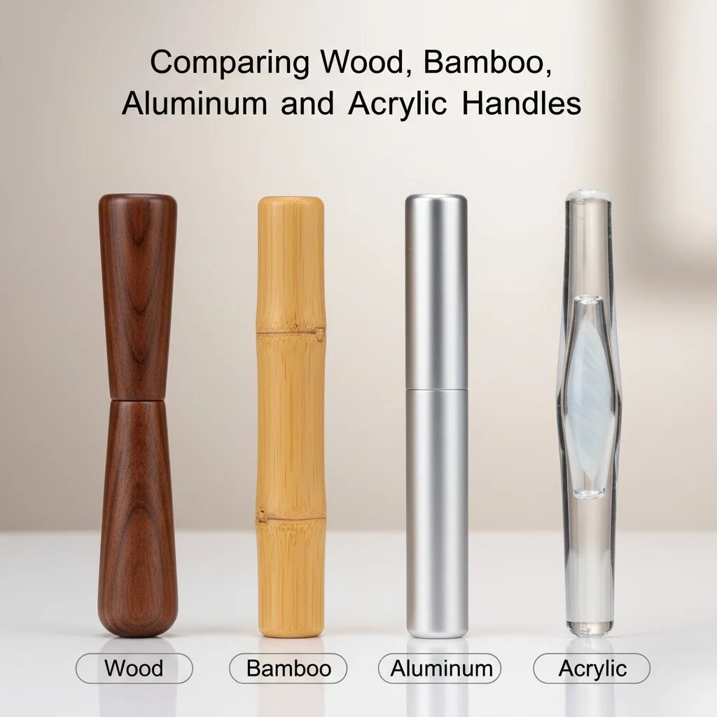 Four different makeup brush handles side-by-side: one wood, one bamboo, one aluminum, one acrylic