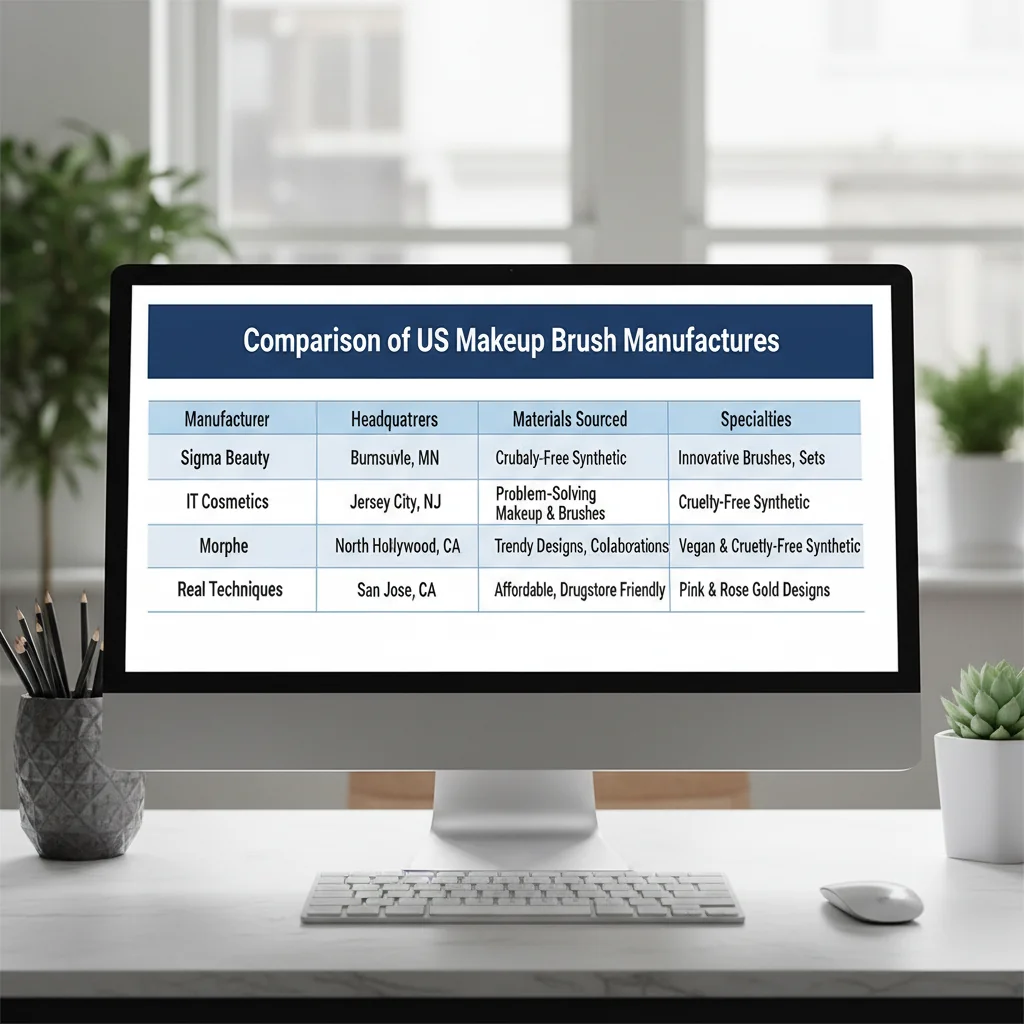 A comparison table of US makeup brush manufacturers on a screen
