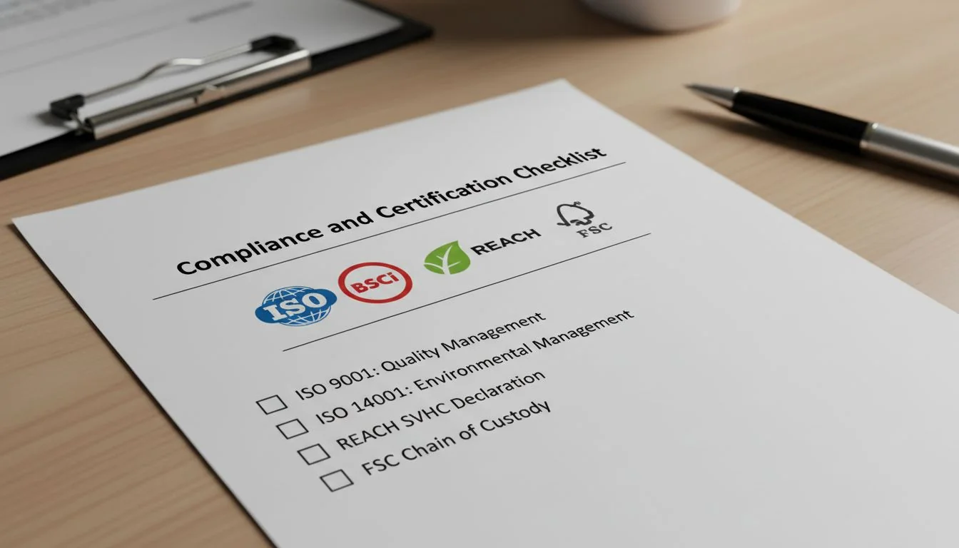 Compliance and Certification Checklist A checklist with compliance logos like ISO, BSCI, REACH, and FSC
