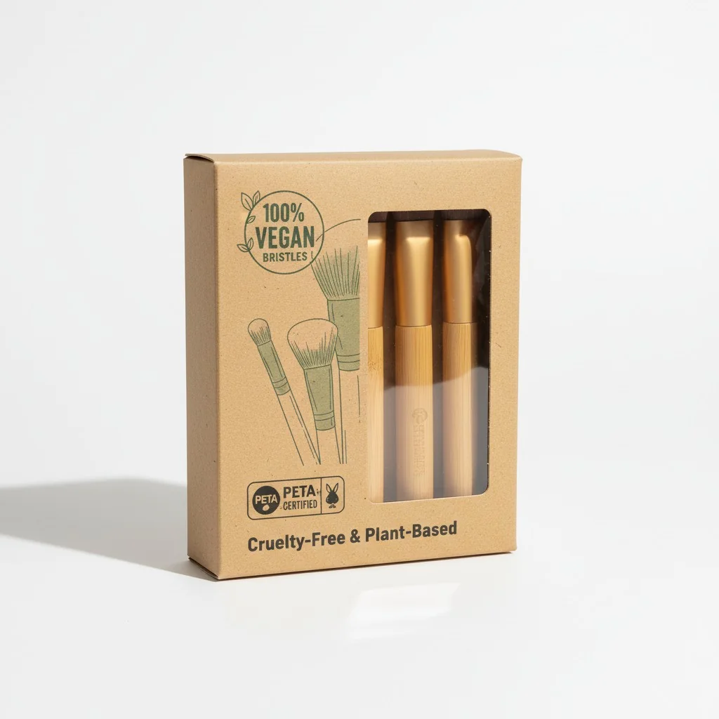 A product packaging shot with clear, compliant labeling: '100% Vegan Bristles' and 'PETA-Certified'.