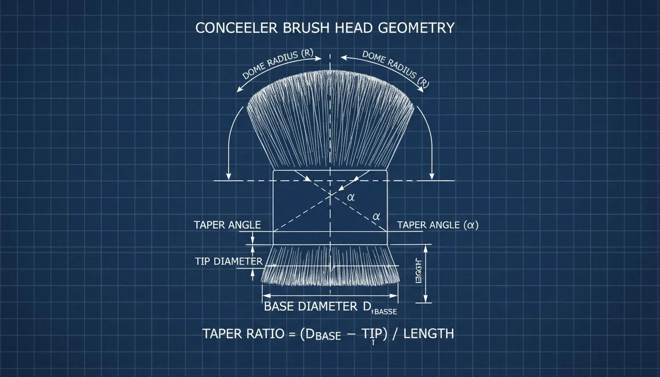 An engineering diagram showing the dome radius and taper ratio of a concealer brush head.