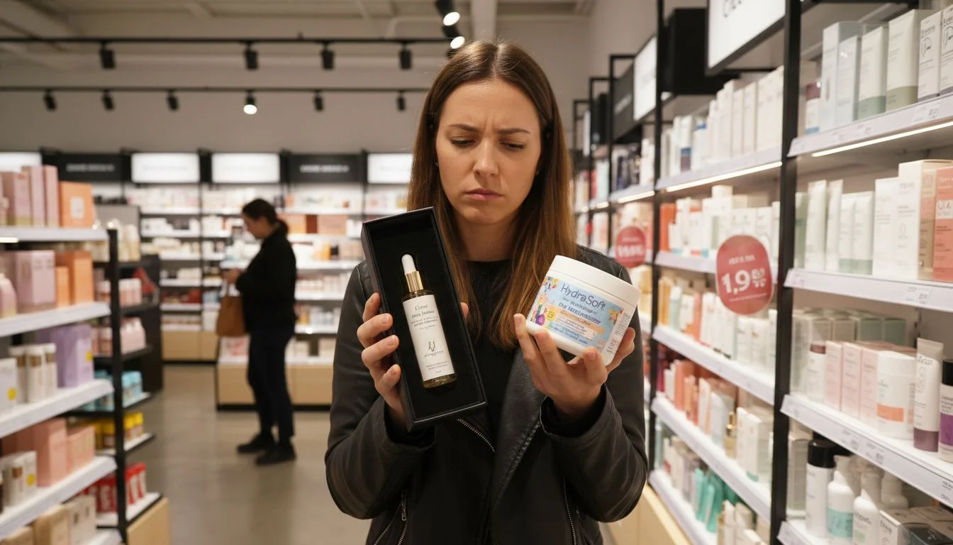A consumer comparing a luxury serum with a mass-market cream in a store