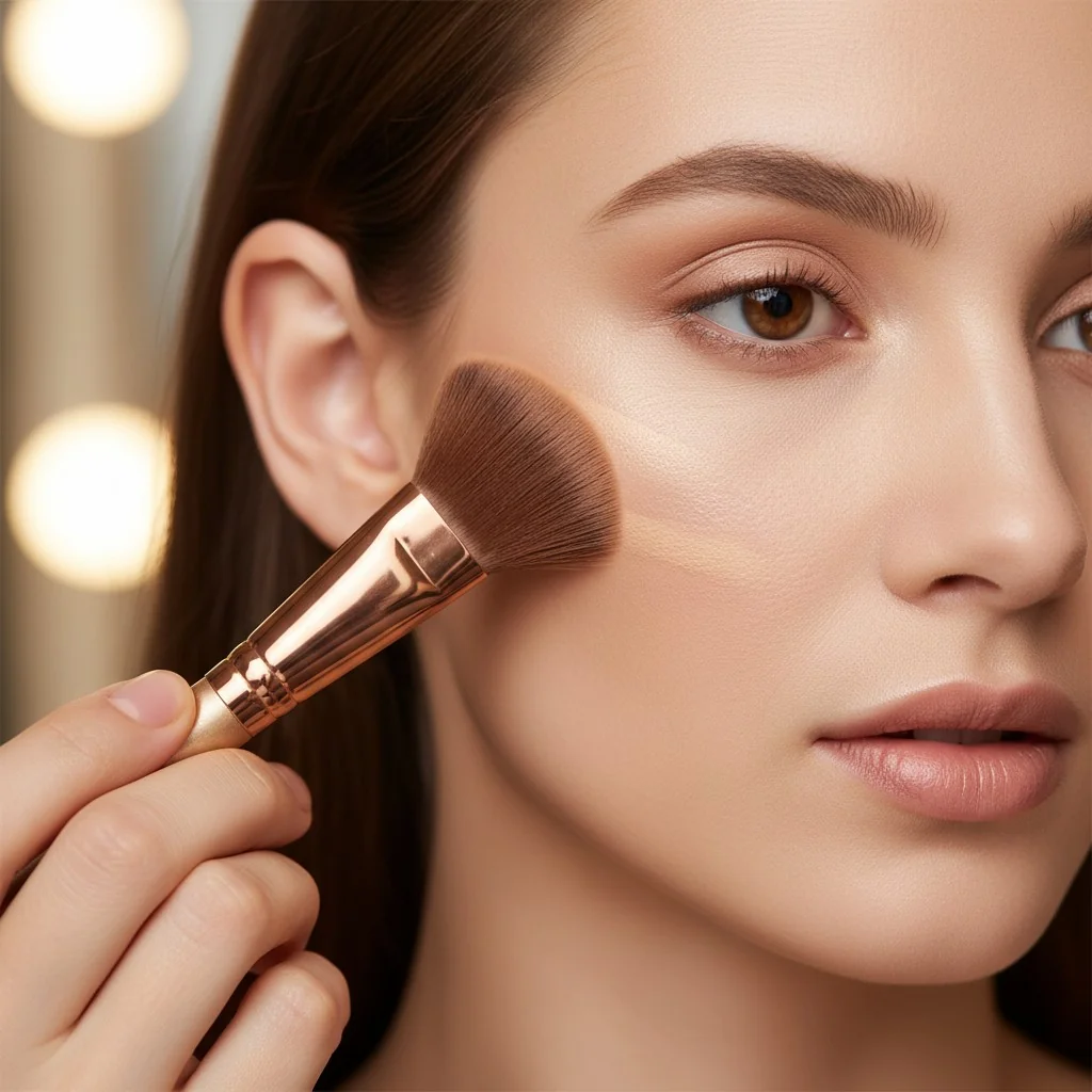The thin edge of a dense fan brush creating a precise contour line under a cheekbone.