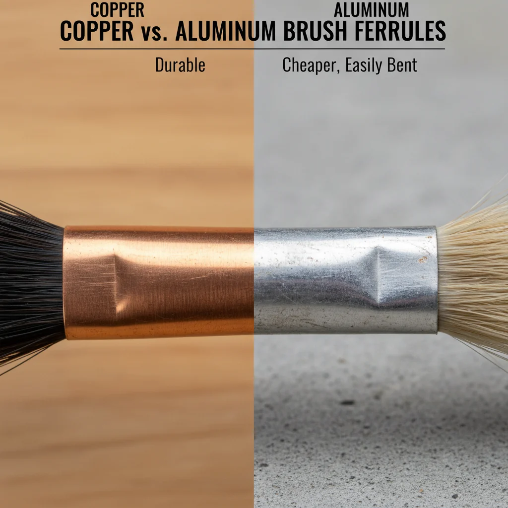 A split image showing a durable copper ferrule on one side and a cheaper, slightly bent aluminum ferrule on the other.