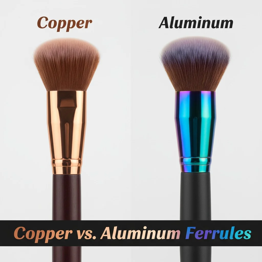 A side-by-side comparison of a shiny, premium copper ferrule and a colorful anodized aluminum ferrule on makeup brushes