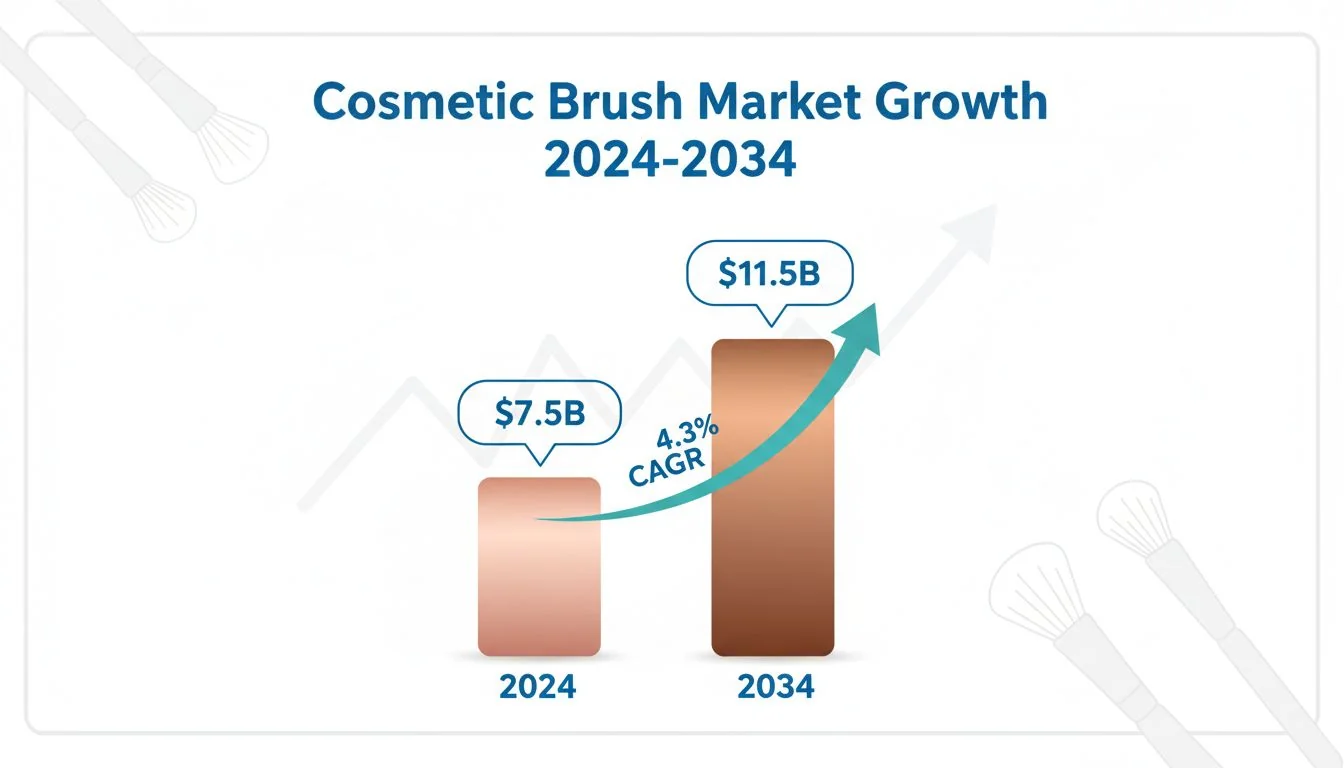 Cosmetic Brush Market Growth 2024-2034 An infographic showing a bar chart of the cosmetic brush market growing from $7.5B in 2024 to $11.5B in 2034