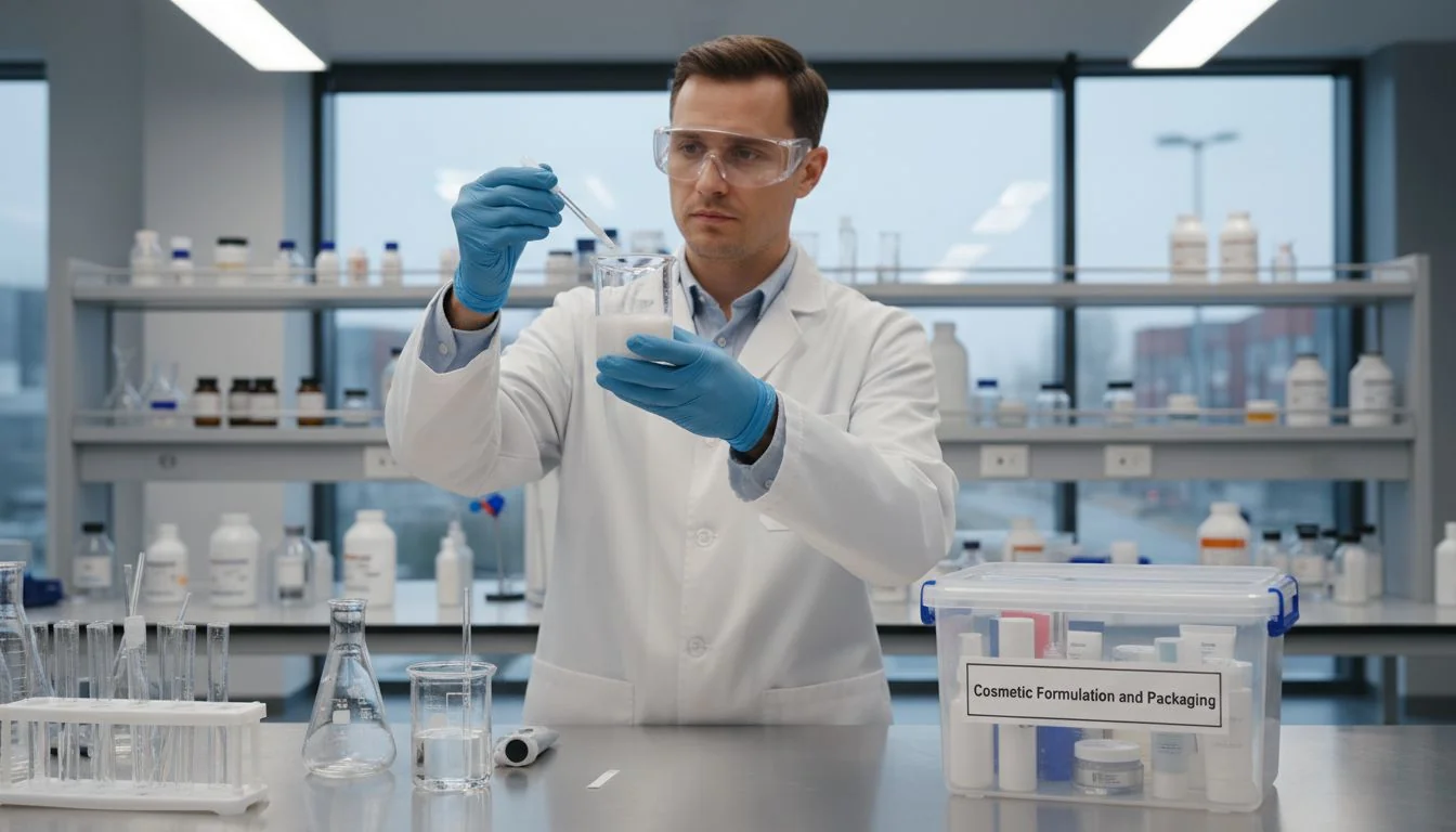 A lab technician examining a cosmetic formula next to a plastic container