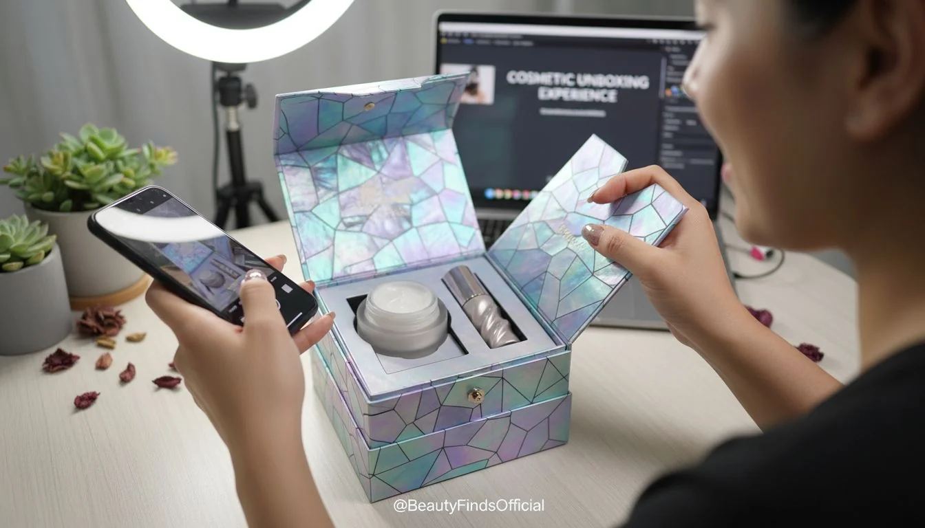 A person unboxing a cosmetic product with unique packaging for a social media video