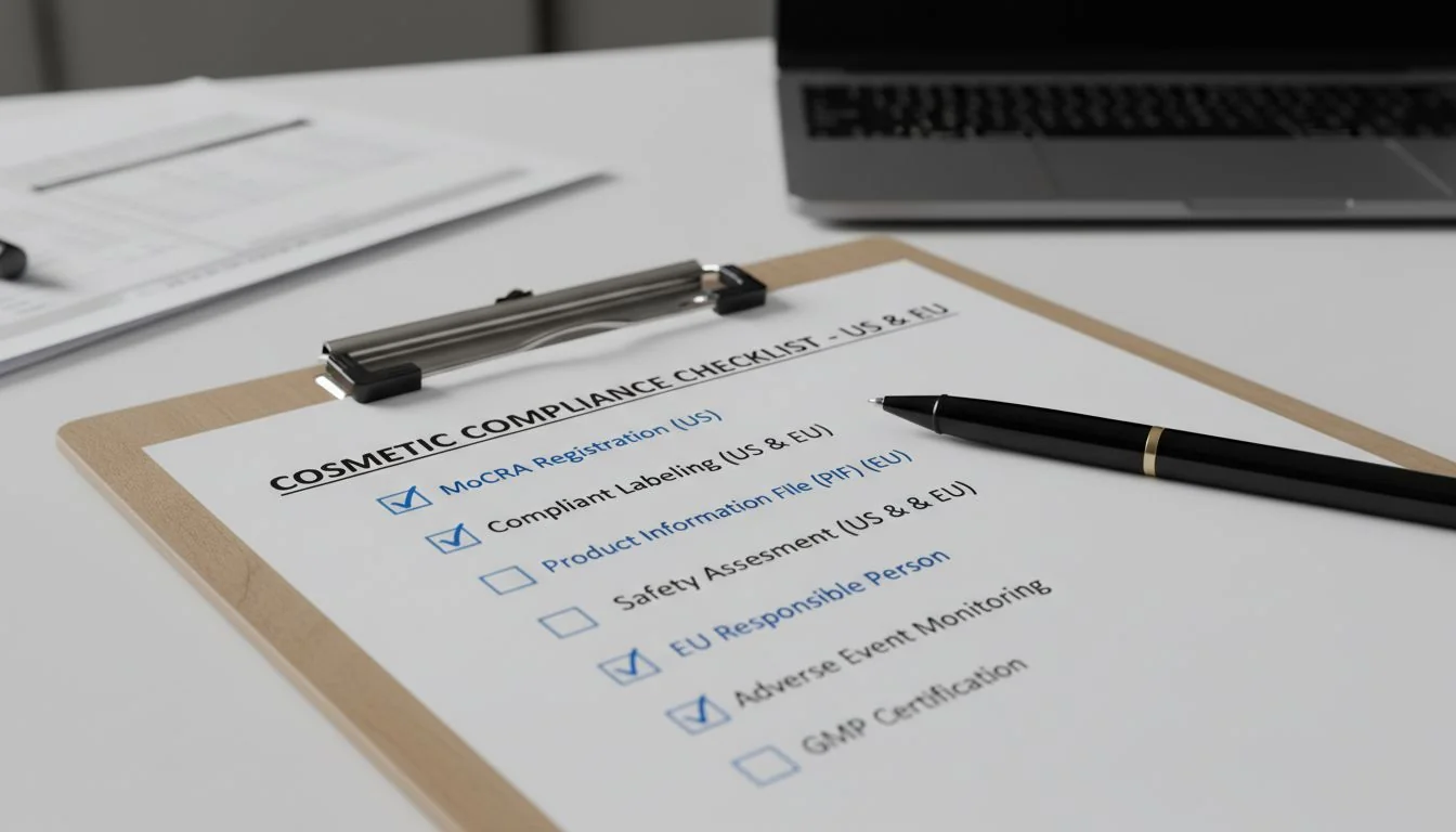 A checklist on a clipboard with items like 'MoCRA Registration' and 'Compliant Labeling'