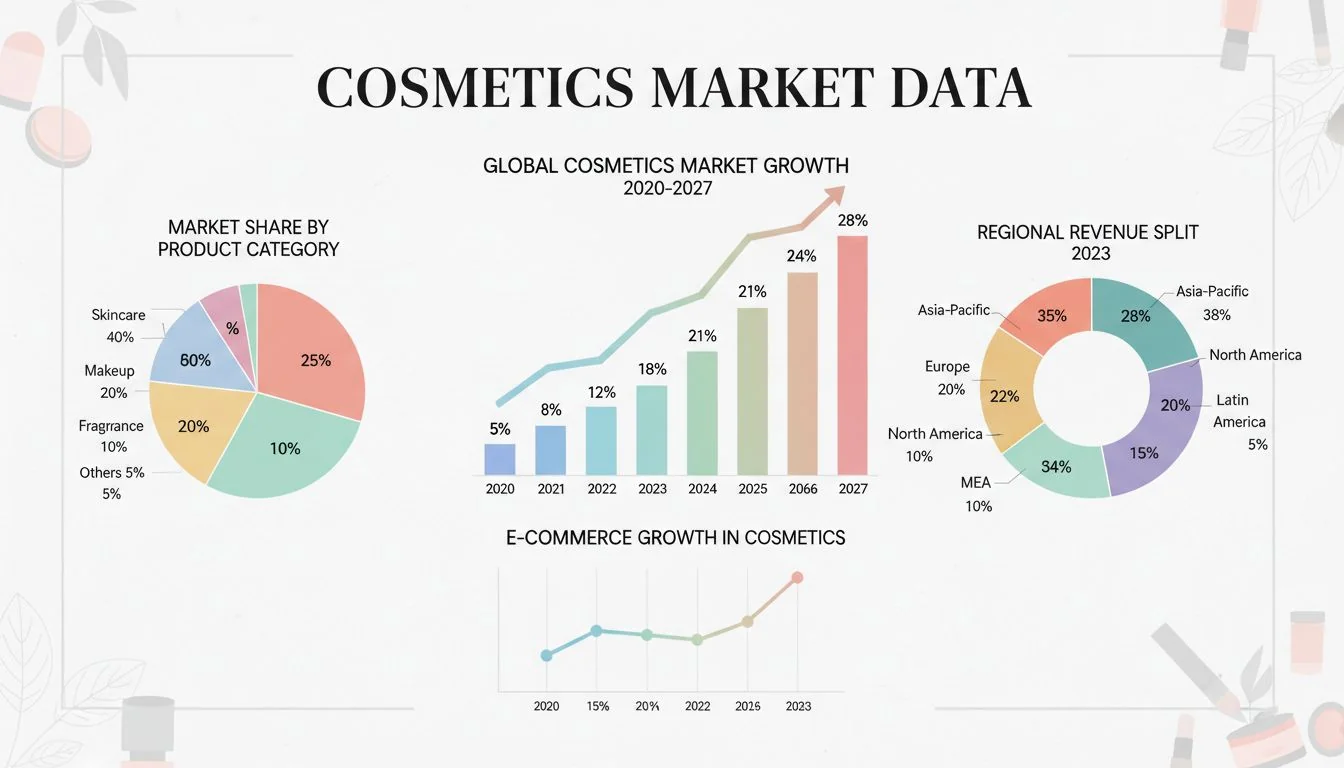A collage of charts showing cosmetics market growth and regional splits
