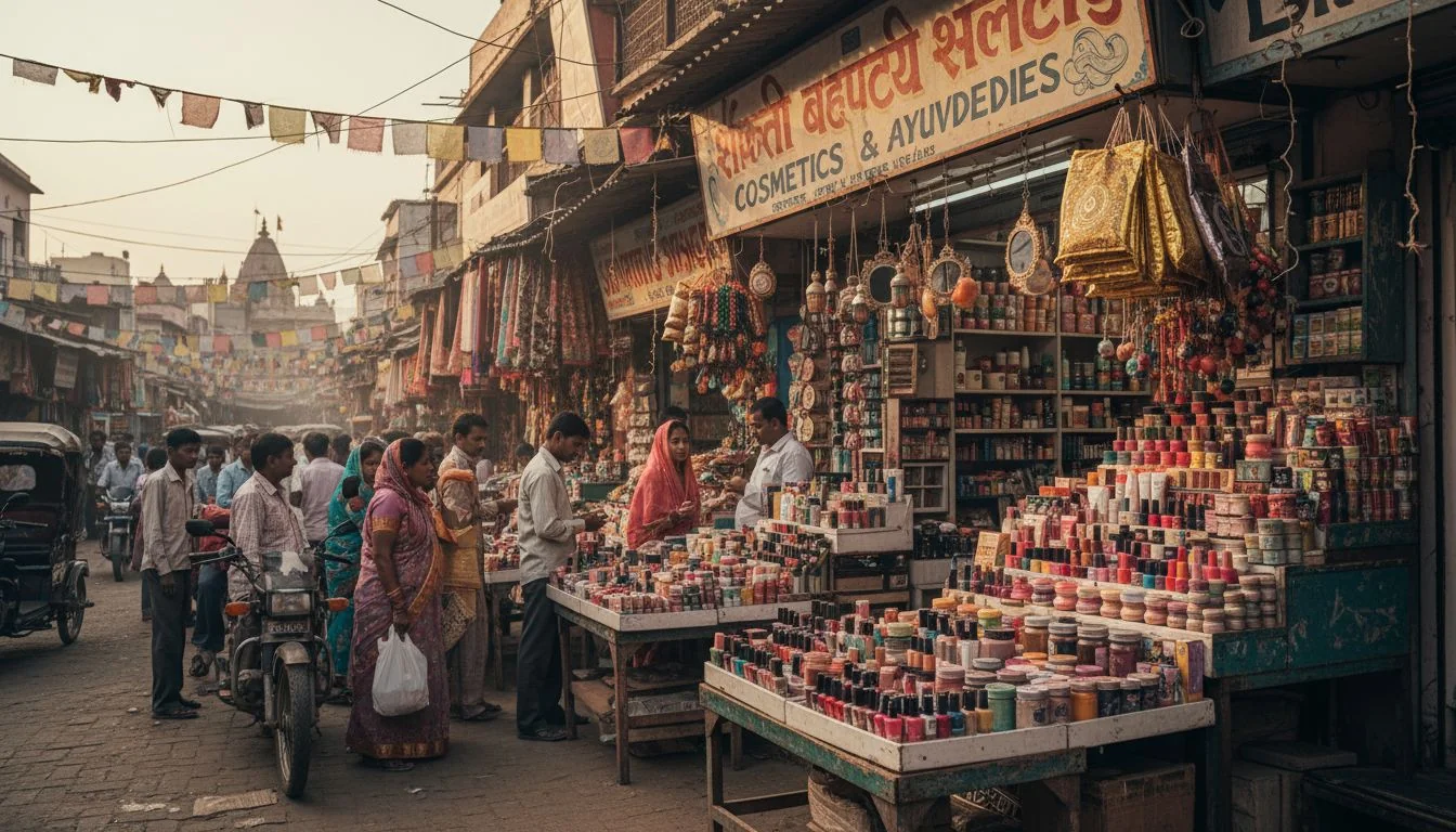 A bustling marketplace in India with a storefront displaying cosmetics