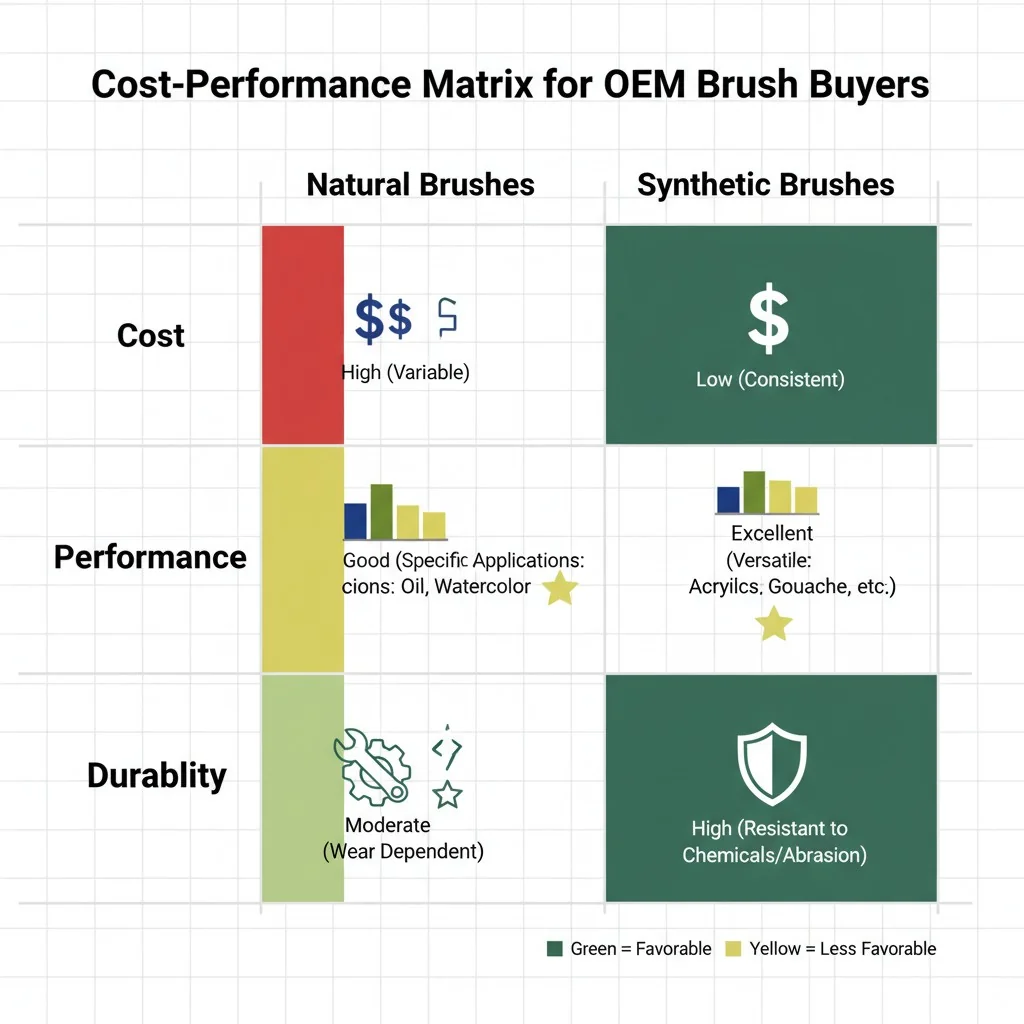 A chart or matrix comparing natural and synthetic brushes across cost, performance, and durability metrics.
