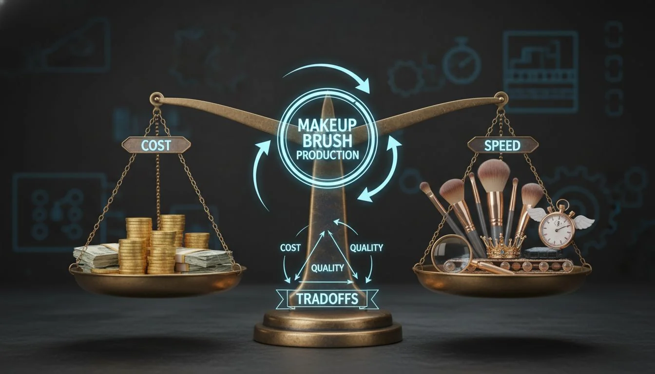 A three-way scale balancing Cost, Speed, and Quality for makeup brush production.