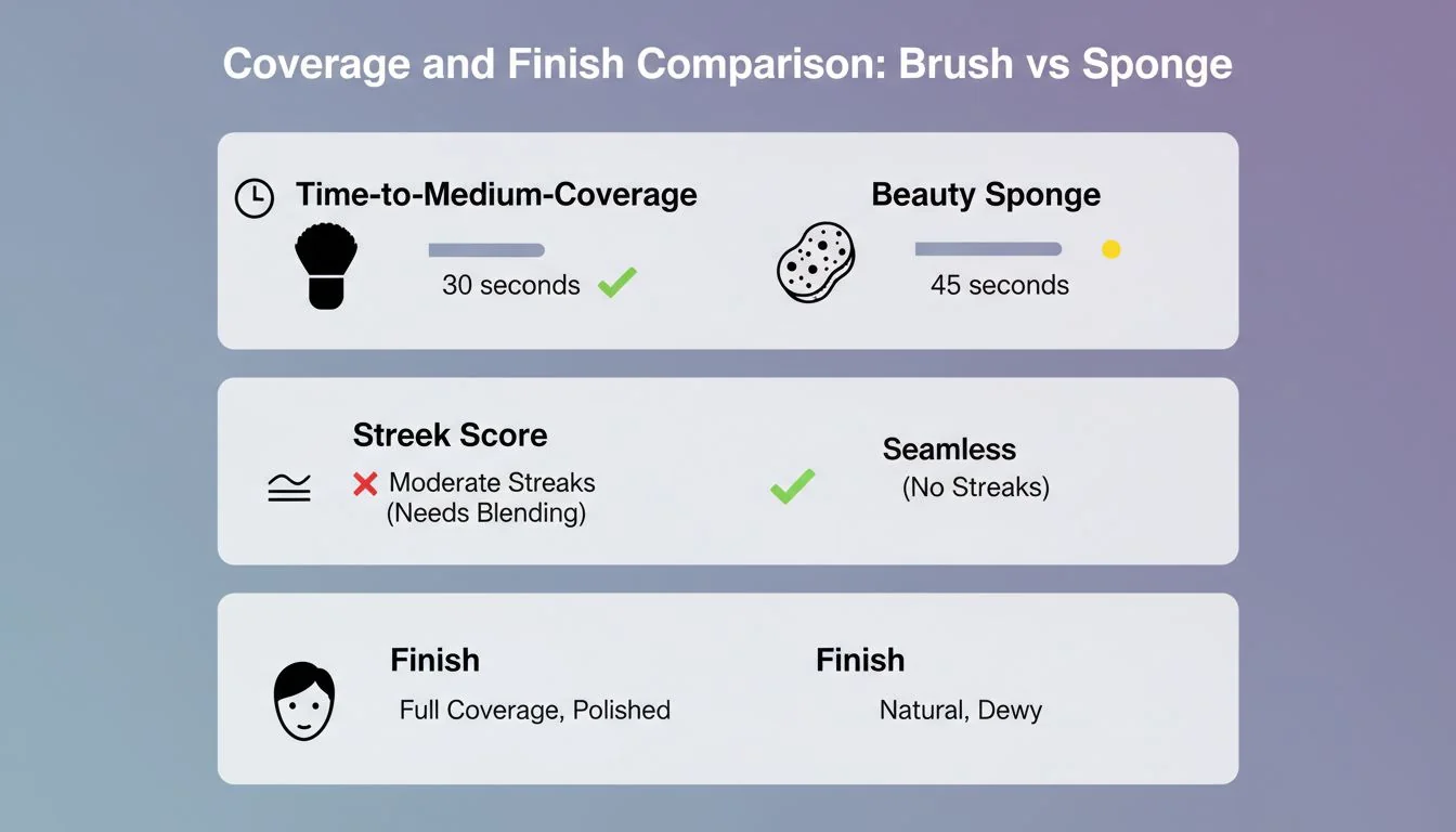 A comparison chart or infographic showing time-to-medium-coverage and a streak score for both a kabuki brush and a sponge.