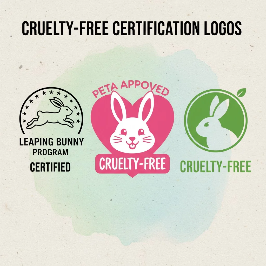 A collage of logos including the Leaping Bunny, PETA's cruelty-free bunny, and a generic 'cruelty-free' symbol.