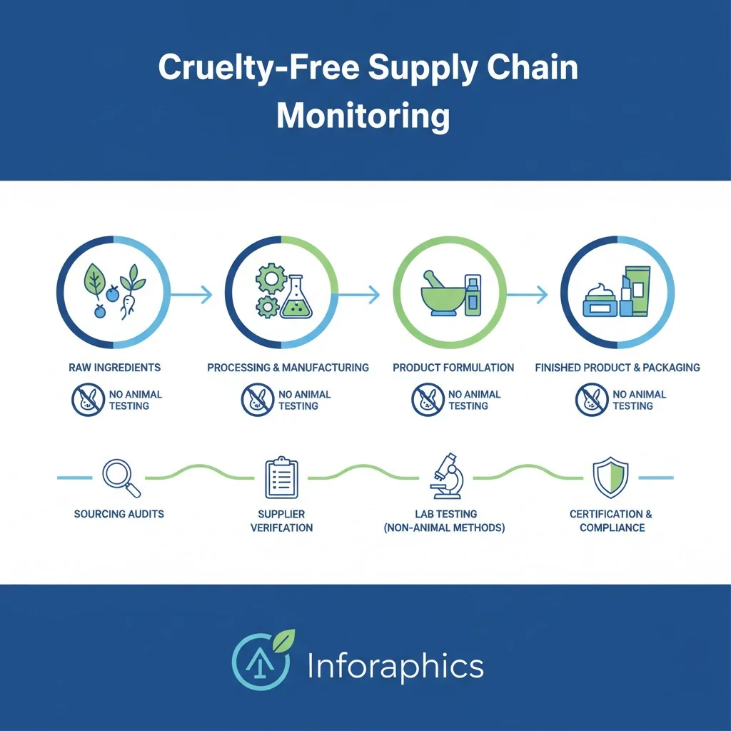 An infographic showing the supply chain from raw ingredient to finished product with "No Animal Testing" icons at each stage.