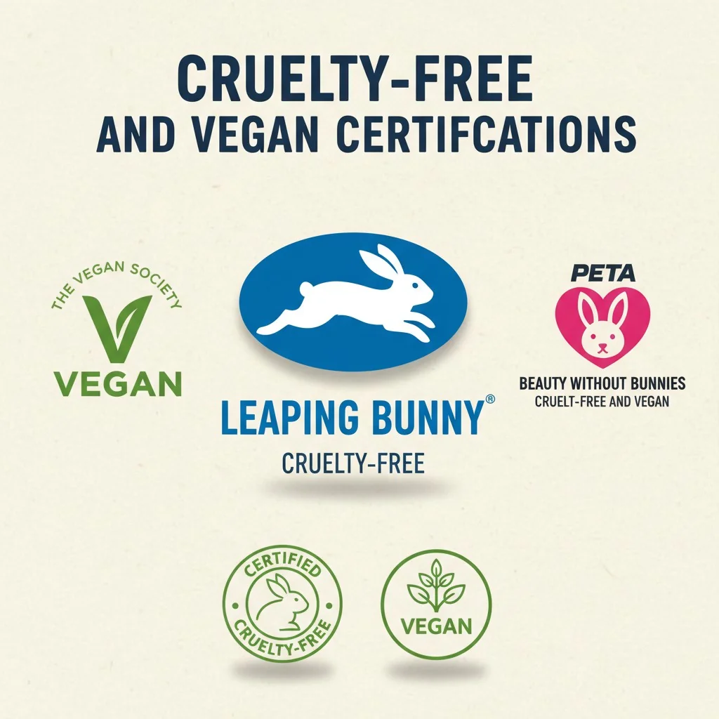 A collage of logos for cruelty-free certifications like Leaping Bunny, PETA's Beauty Without Bunnies, and Vegan Society.