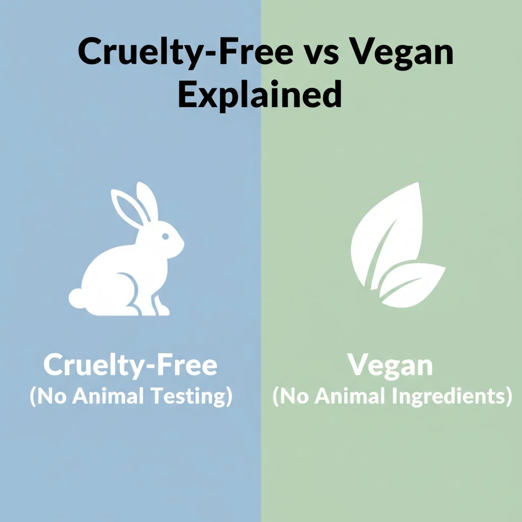 A split image with a rabbit icon labeled "Cruelty-Free (No Animal Testing)" on one side and a leaf icon labeled "Vegan (No Animal Ingredients)" on the other.