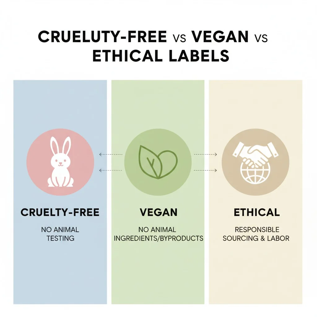 An infographic-style image comparing icons for cruelty-free (bunny), vegan (leaf), and ethical (handshake/globe).