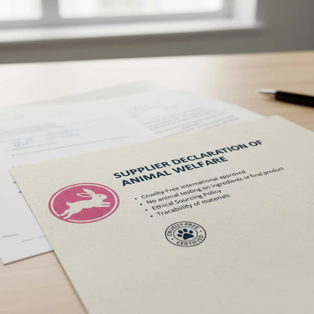 An image showing a Leaping Bunny logo next to a document titled 'Supplier Declaration of Animal Welfare'.
