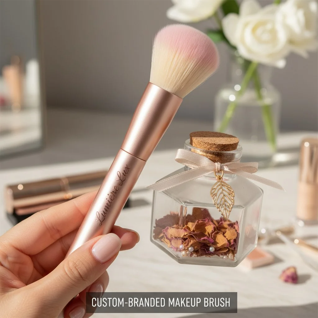 A person holding a custom-branded makeup brush with unique packaging