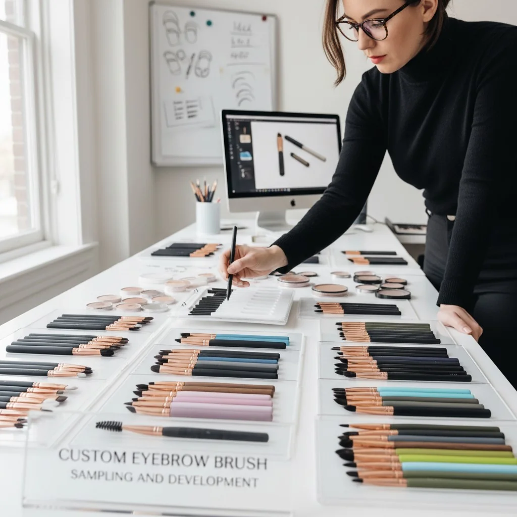A photo of a designer reviewing several different eyebrow brush samples with custom colors and handles.