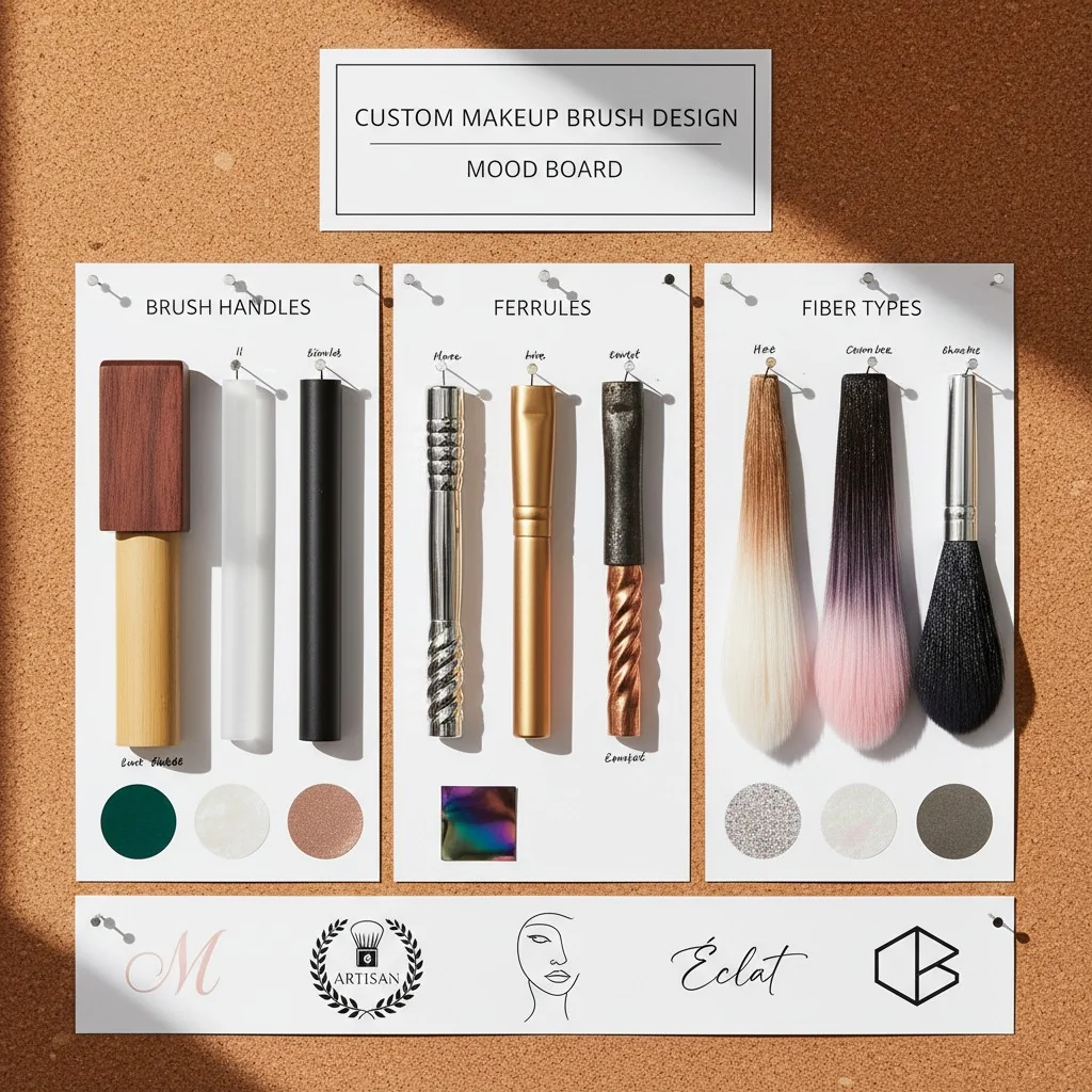 A mood board showing swatches for brush handles, ferrules, and fiber types, along with logo designs.