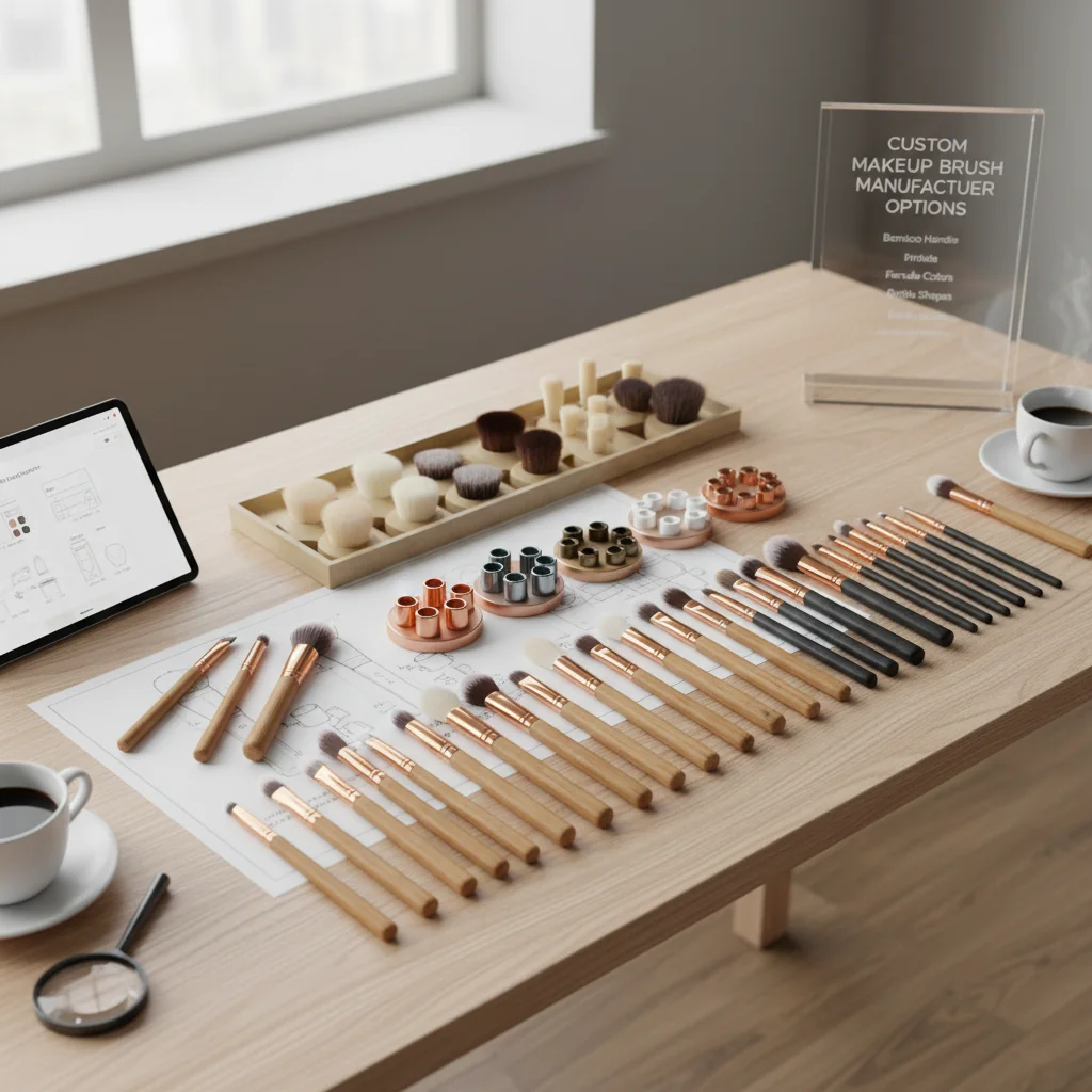 A design table showing different bamboo handle finishes, ferrule colors, and bristle shapes for custom brush design.