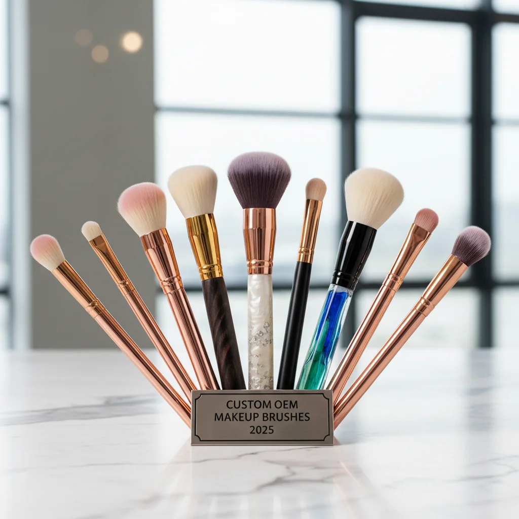 A collection of high-end custom makeup brushes with different handle materials and colors, displayed neatly on a marble surface.