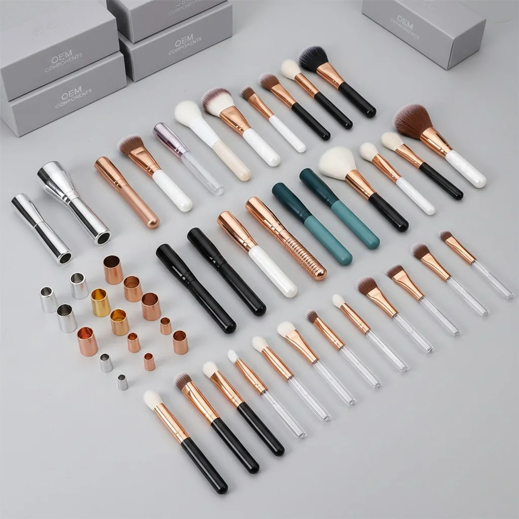 An assortment of customizable OEM makeup brush components, including different colored handles, shiny ferrules, and bristle shapes.