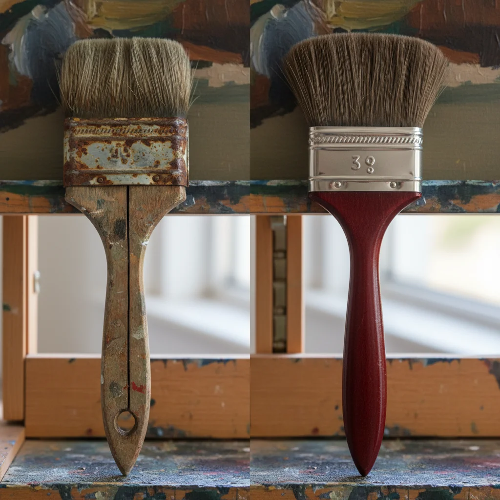 An image showing a cheap, water-damaged brush with a cracked handle and rusty ferrule next to a pristine premium brush.