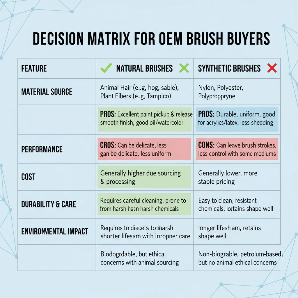 A comparison table graphic showing the pros and cons of natural vs. synthetic brushes.