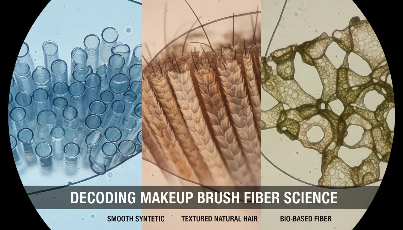 Decoding Makeup Brush Fiber Science Microscopic view of different fiber types: smooth synthetic, textured natural hair, and bio-based fiber.