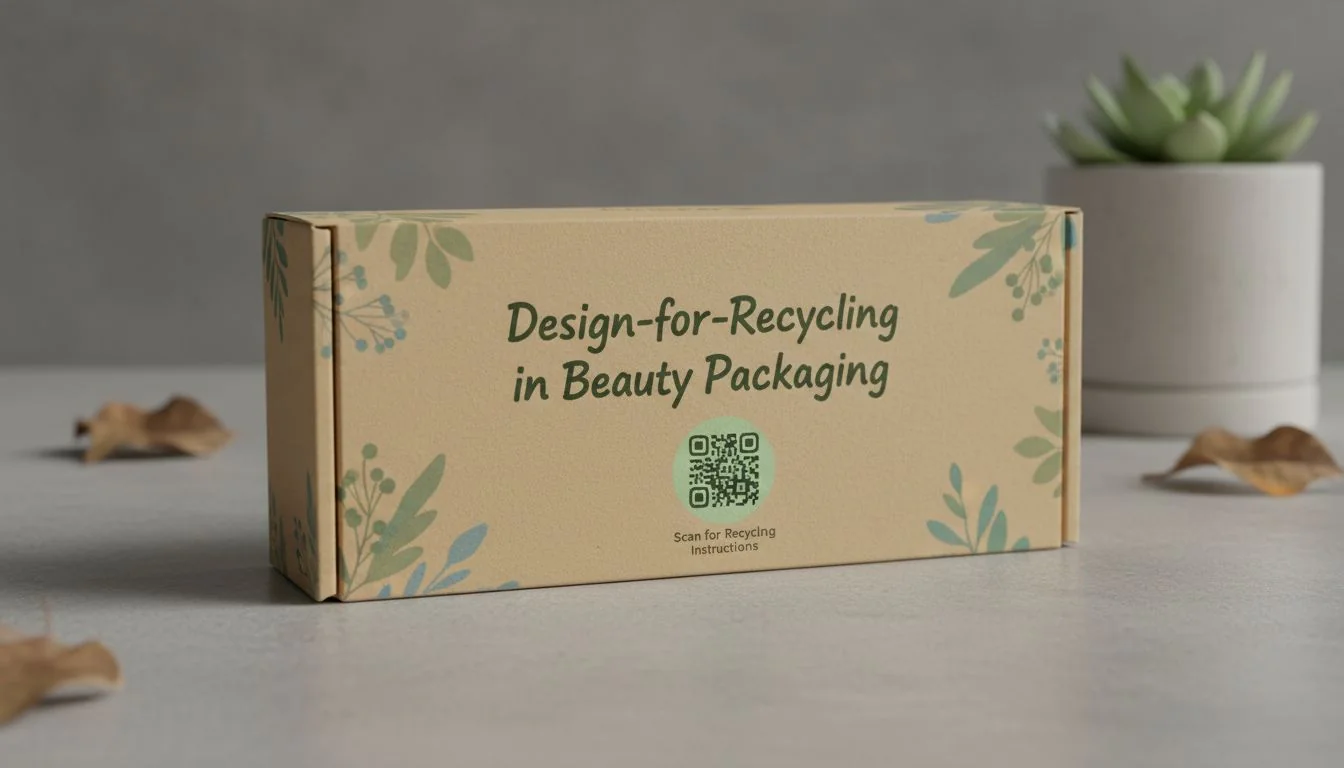 A minimalist paperboard brush box with no plastic window, printed with eco-inks and a QR code for recycling instructions.