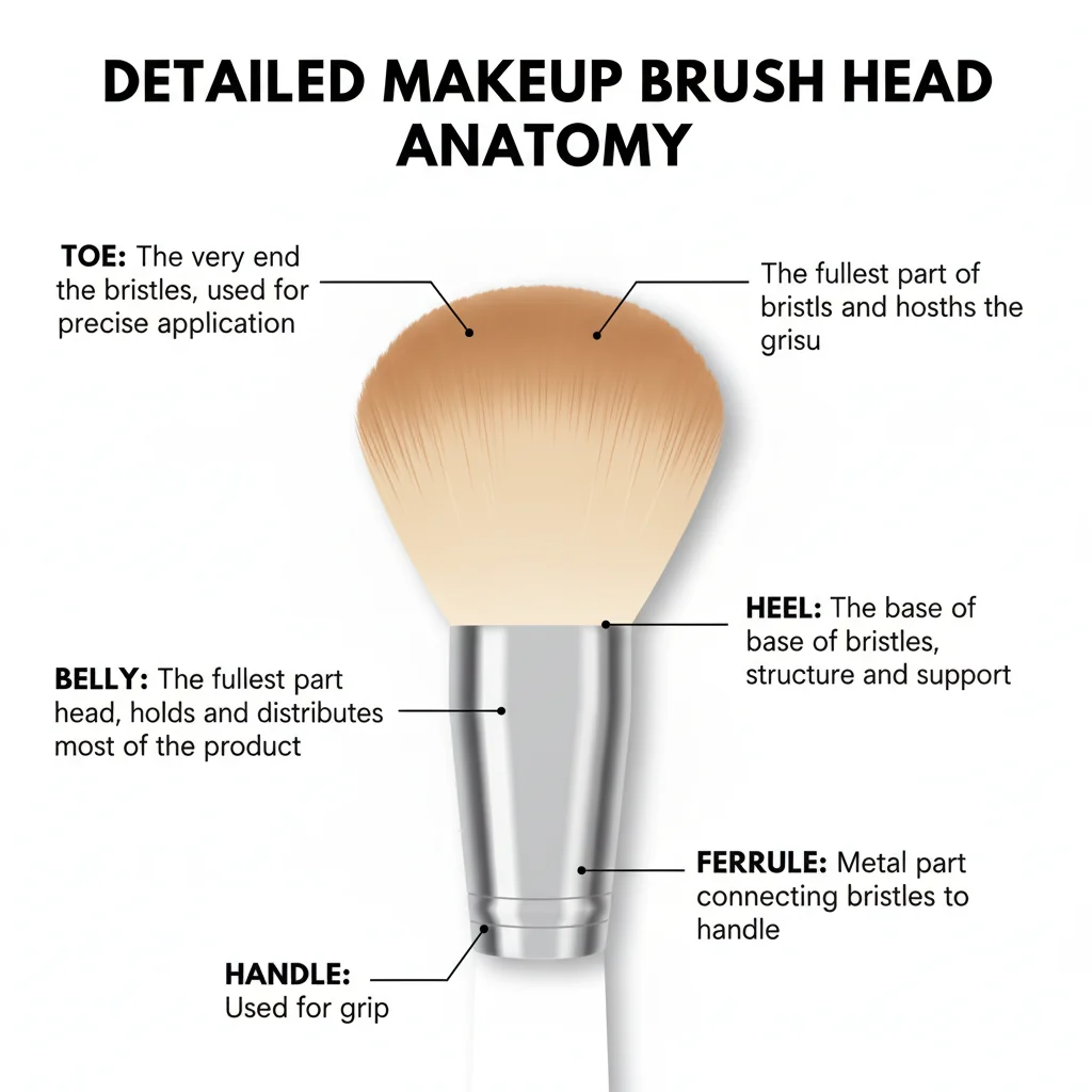An infographic labeling the sub-parts of a brush head, like the toe, belly, and heel.