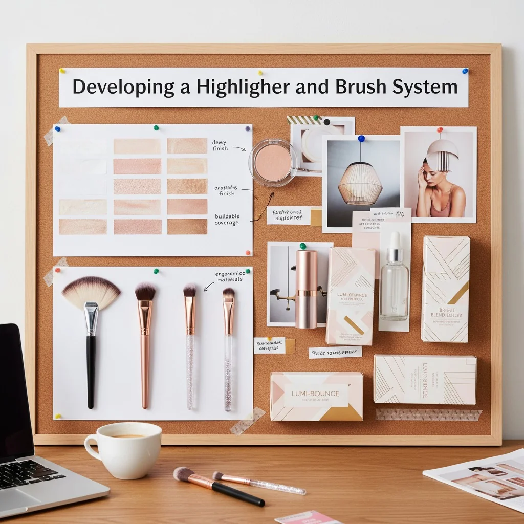 A product development mood board with highlighter swatches, brush prototypes, and packaging components