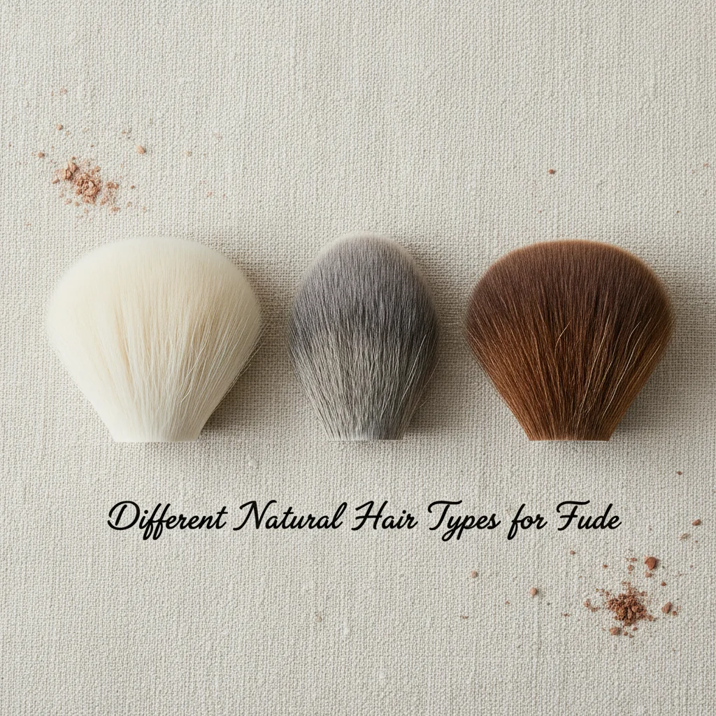 A flat lay of different fude brush heads showing the textures of white saikoho goat hair, grey squirrel hair, and brown horse hair.