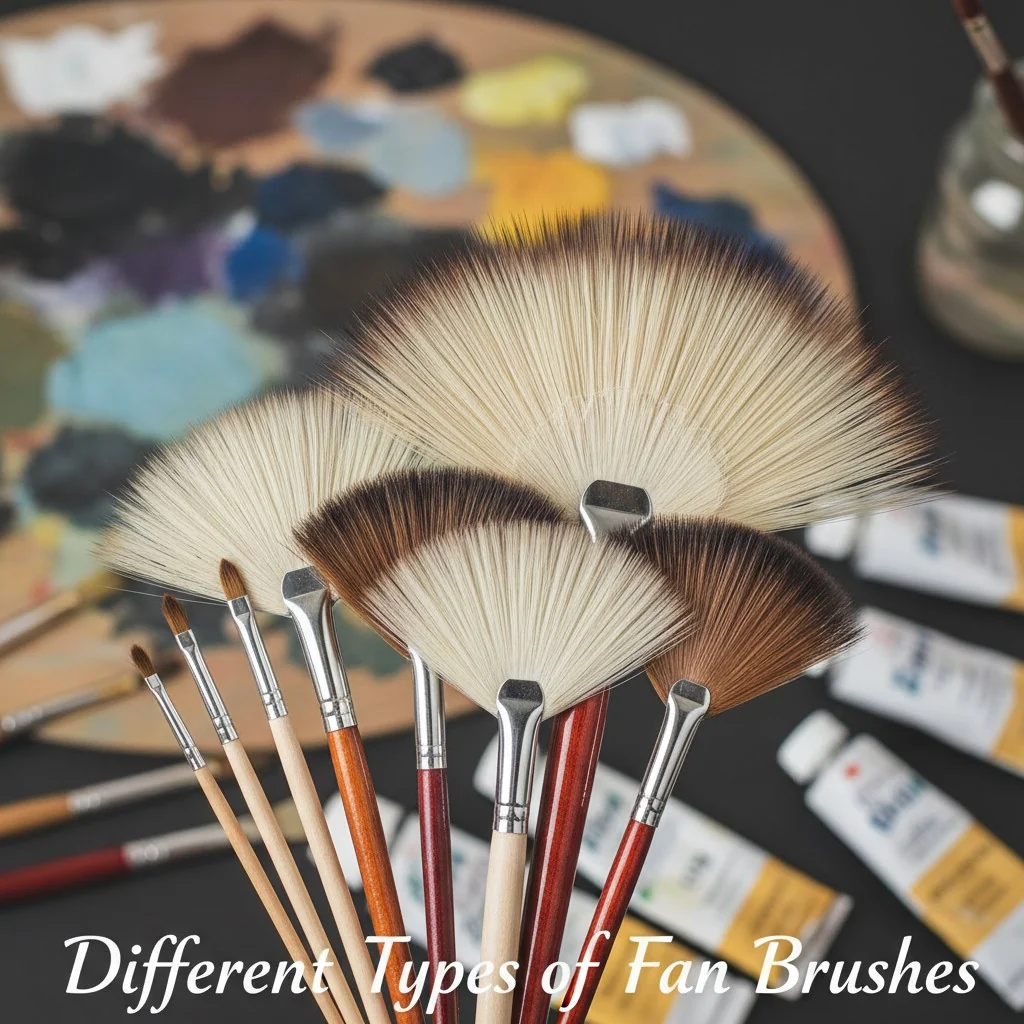 A close-up shot of different types of fan brushes, showing variations in size and density.