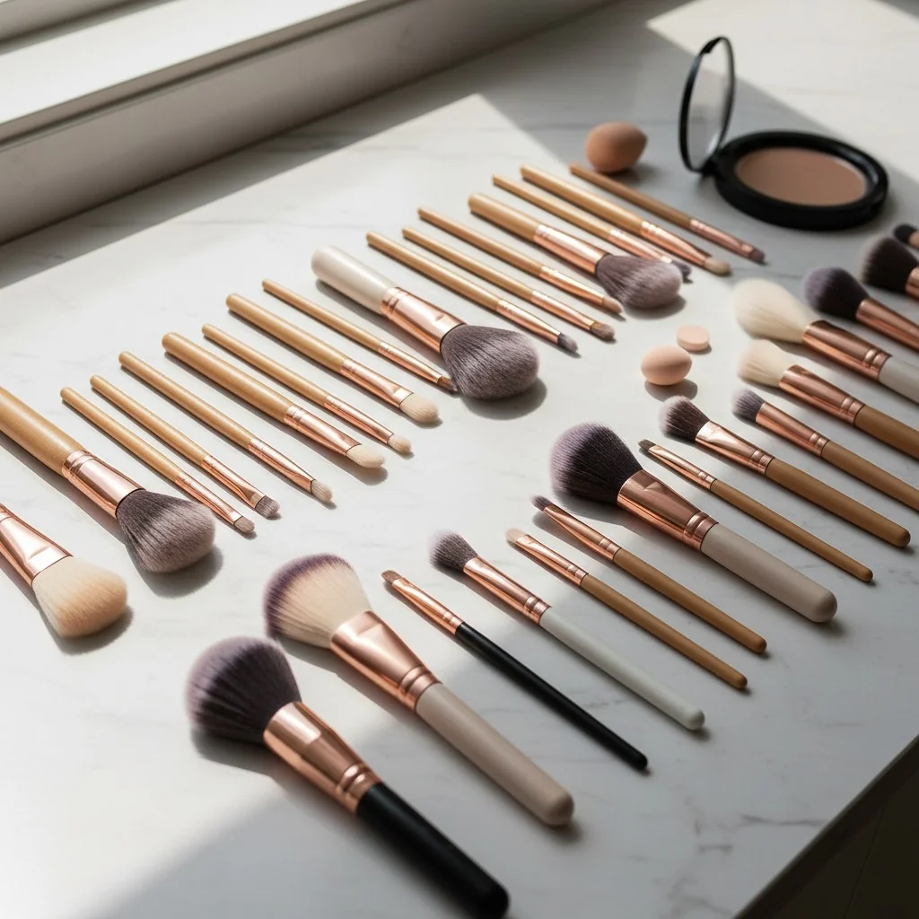 An array of different makeup brushes laid out on a clean surface