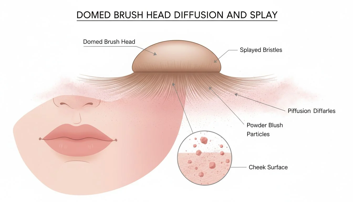 Domed Brush Head Diffusion and Splay A diagram showing how a domed brush head splays on the cheek and diffuses powder blush particles.