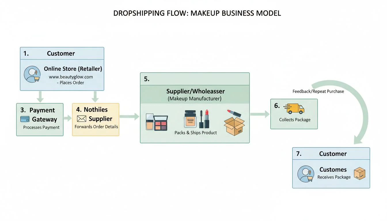 A simple diagram showing the dropshipping flow from customer order to supplier shipment