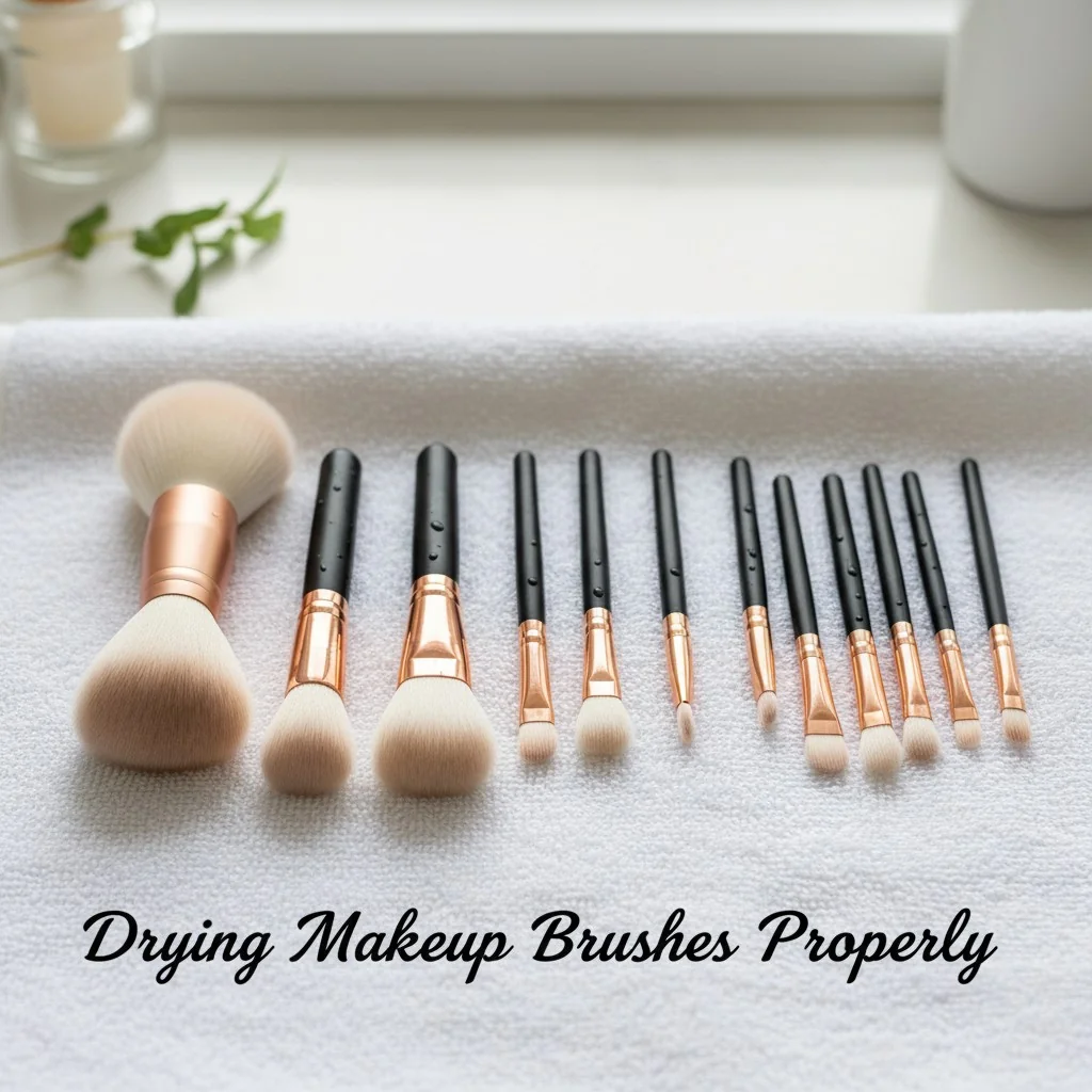 A photo of clean makeup brushes laid flat on a towel to dry correctly